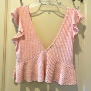 Forever 21 Pink Flutter Sleeve Peplum Crop Top